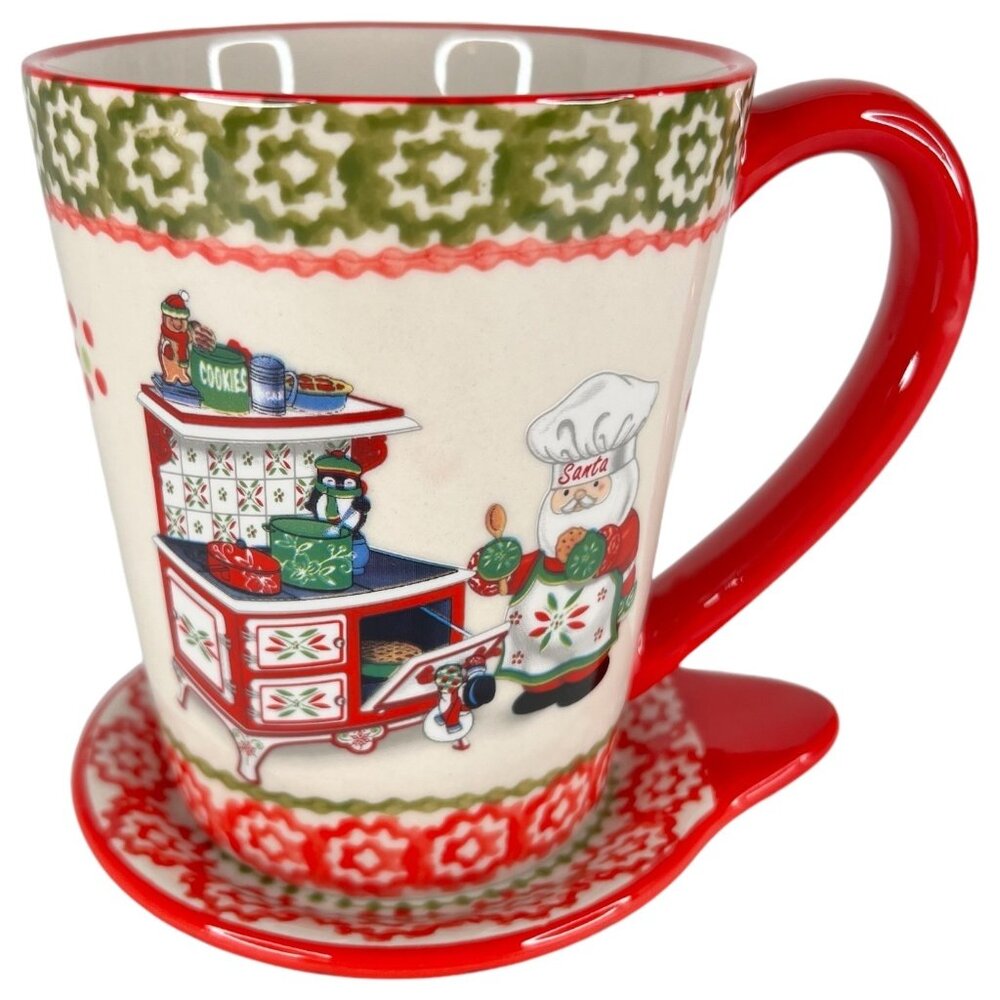Temptations Holiday Mug And Coaster Set Santa Chef Baking Cookies 16 Oz Xmas New